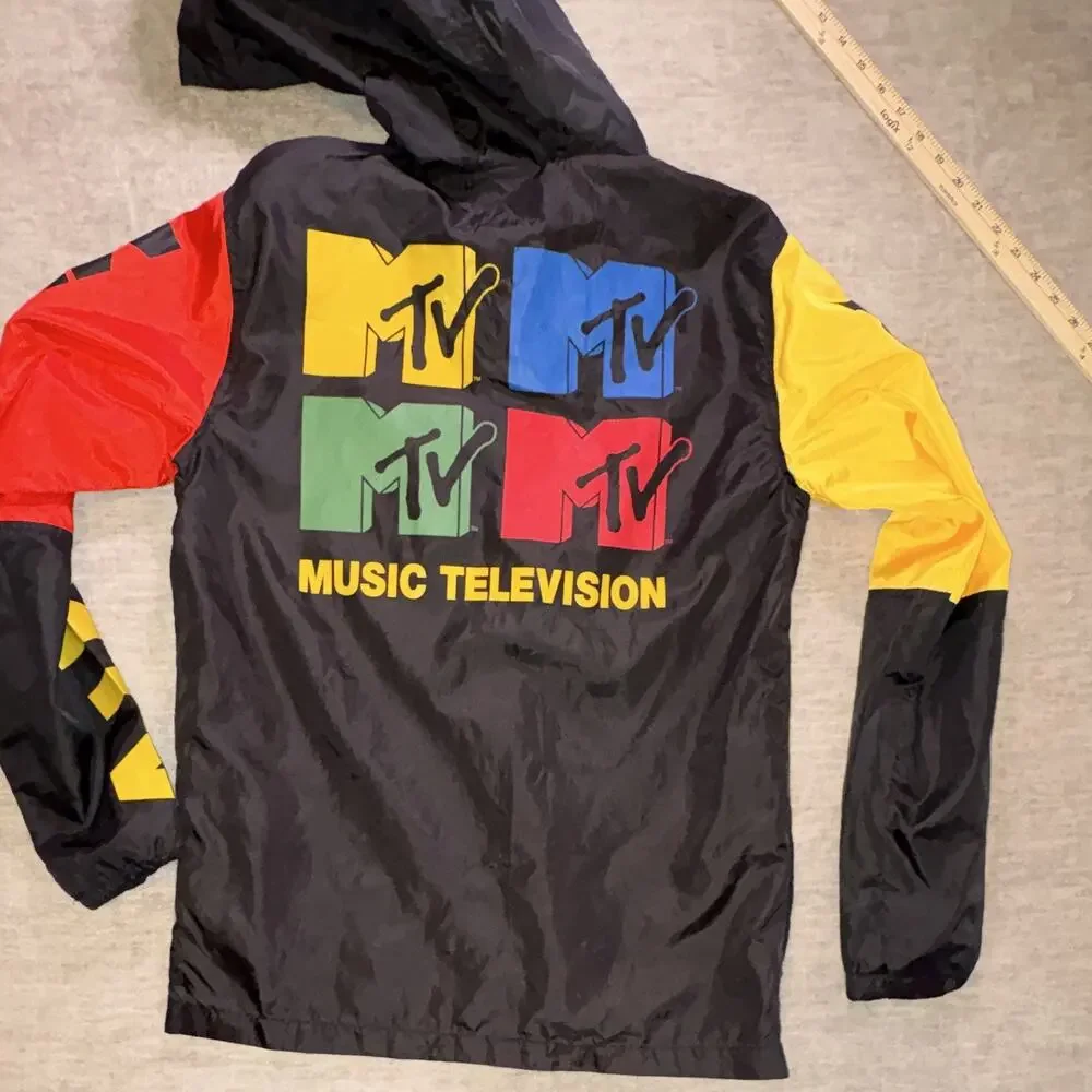 MTV Vintage Y2K Men's Colorblock Windbreaker Jacket Hooded 1/4 Zip Logo Size M - Picture 5 of 8